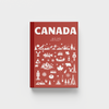 Red photobook titled 'Canada 2025' with white illustrations on a light gray background