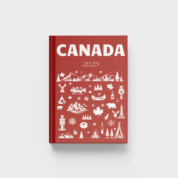 Red photobook titled 'Canada 2025' with white illustrations on a light gray background