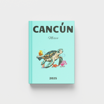 2025 Cancun Mexico travel photobook with a turtle illustration on a light blue background