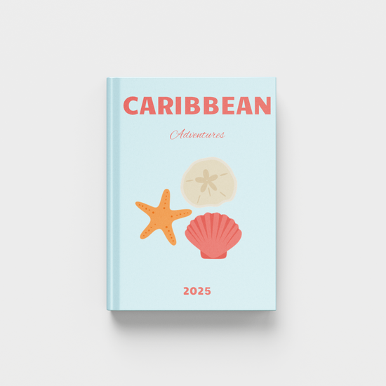 2025 Caribbean Adventures photobook with shell illustrations on a light blue background