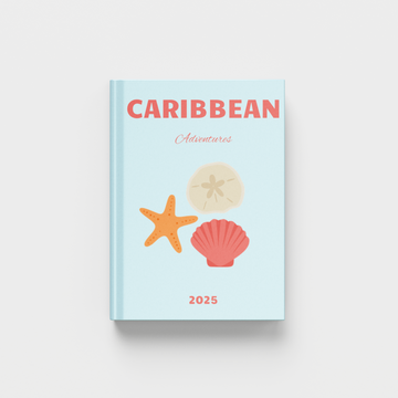 2025 Caribbean Adventures photobook with shell illustrations on a light blue background