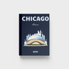 blue photobook cover with 'Chicago, Illinois' and a skyline illustration on a white background