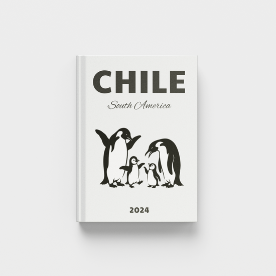 photobook with penguin illustration and 'Chile South America' text on a white background