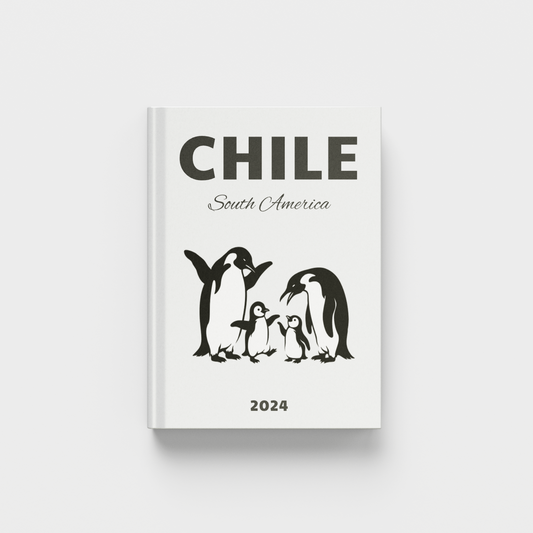 photobook with penguin illustration and 'Chile South America' text on a white background