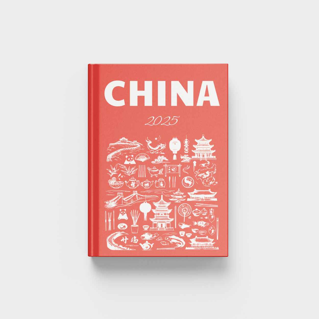 Red photobook titled 'China' with white illustrations on a light gray background