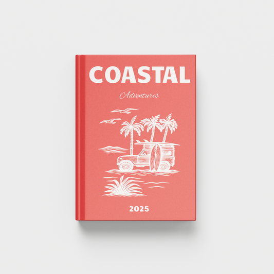 2025 Coastal Adventures photobook with beach graphics on a red background