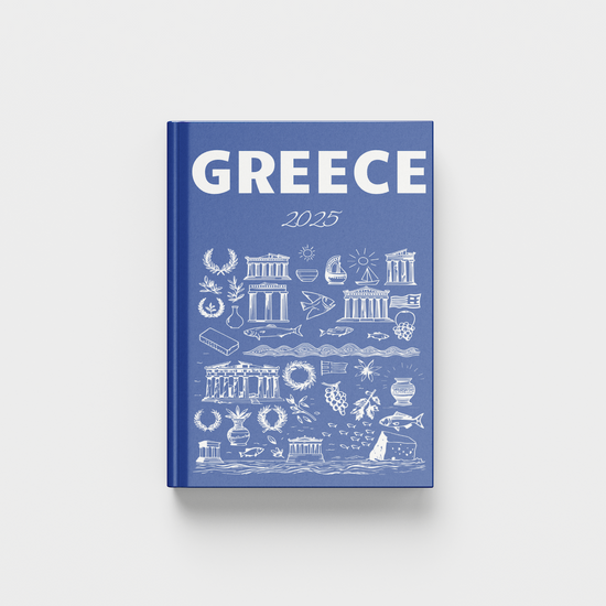 Blue book titled 'Greece' with white illustrations on a light gray background