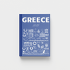 Blue book titled 'Greece' with white illustrations on a light gray background