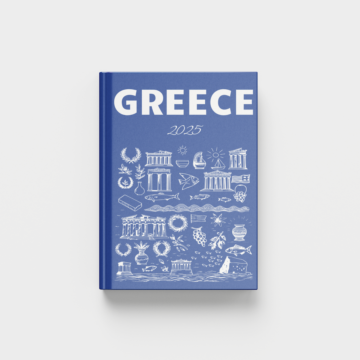Blue book titled 'Greece' with white illustrations on a light gray background