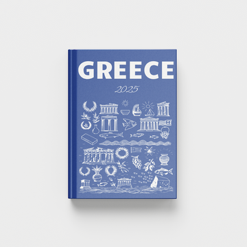 Blue book titled 'Greece' with white illustrations on a light gray background