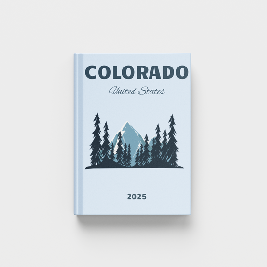 light blue photobook with 'Colorado United States' on a white background, with mountain landscape clipart