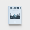 light blue photobook with 'Colorado United States' on a white background, with mountain landscape clipart