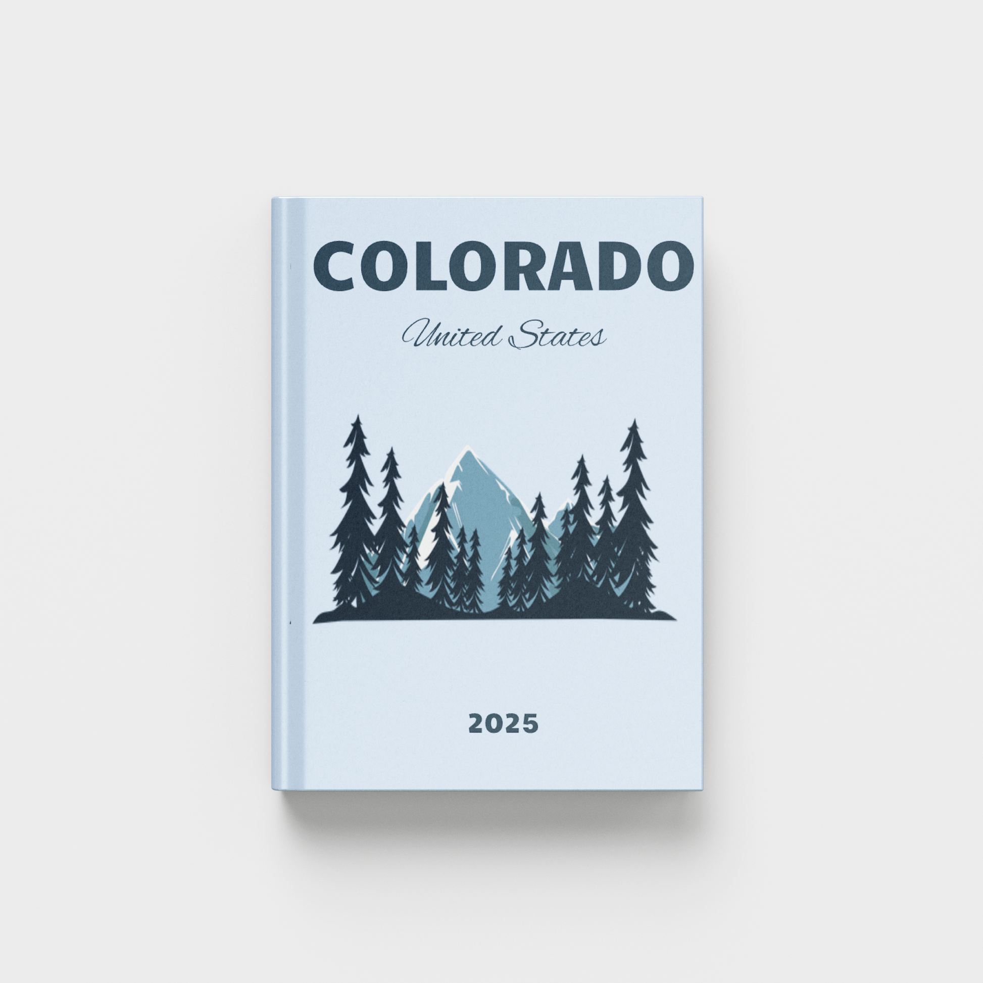 light blue photobook with 'Colorado United States' on a white background, with mountain landscape clipart
