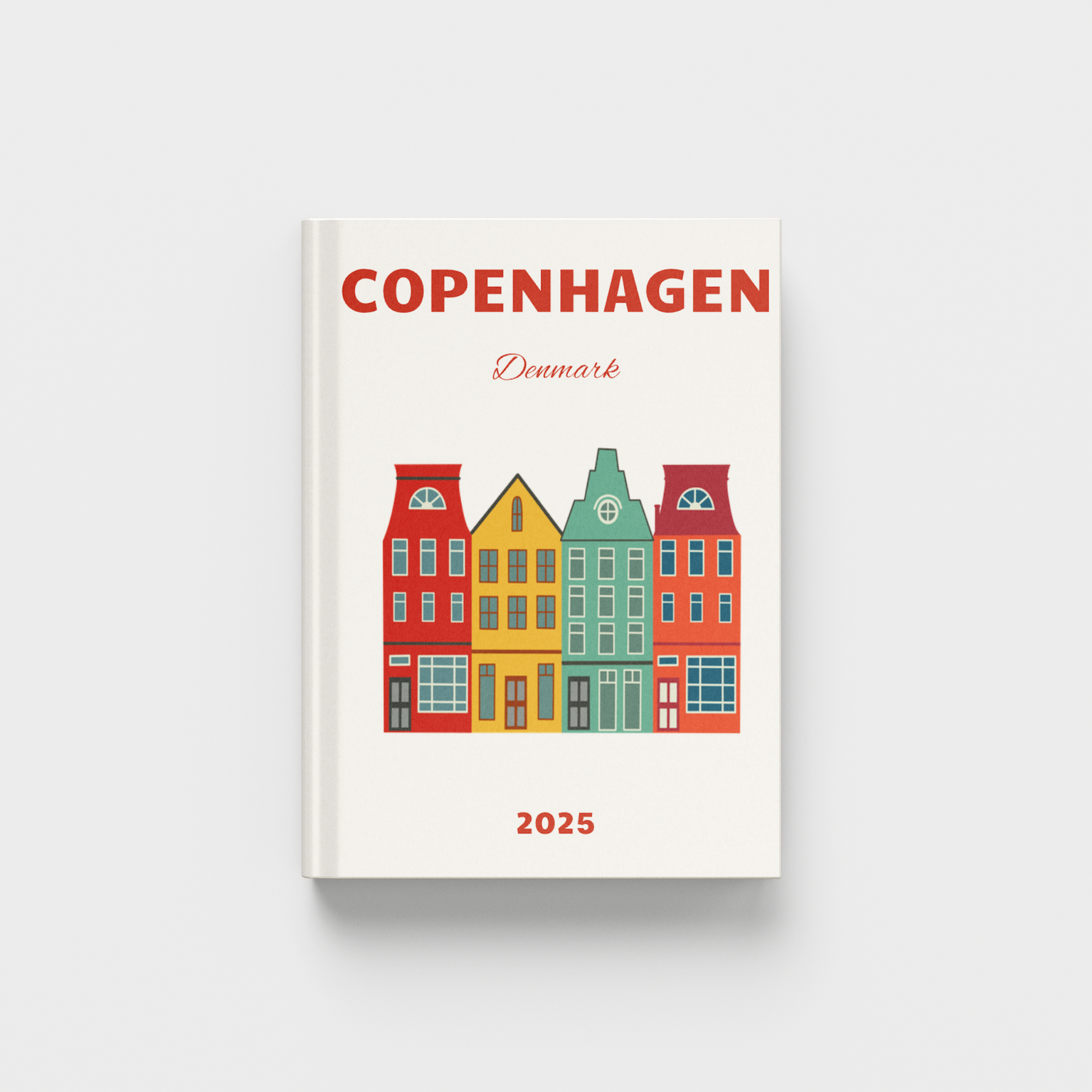 photobook cover with colorful houses and 'Copenhagen, Denmark' text on a white background