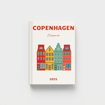 photobook cover with colorful houses and 'Copenhagen, Denmark' text on a white background