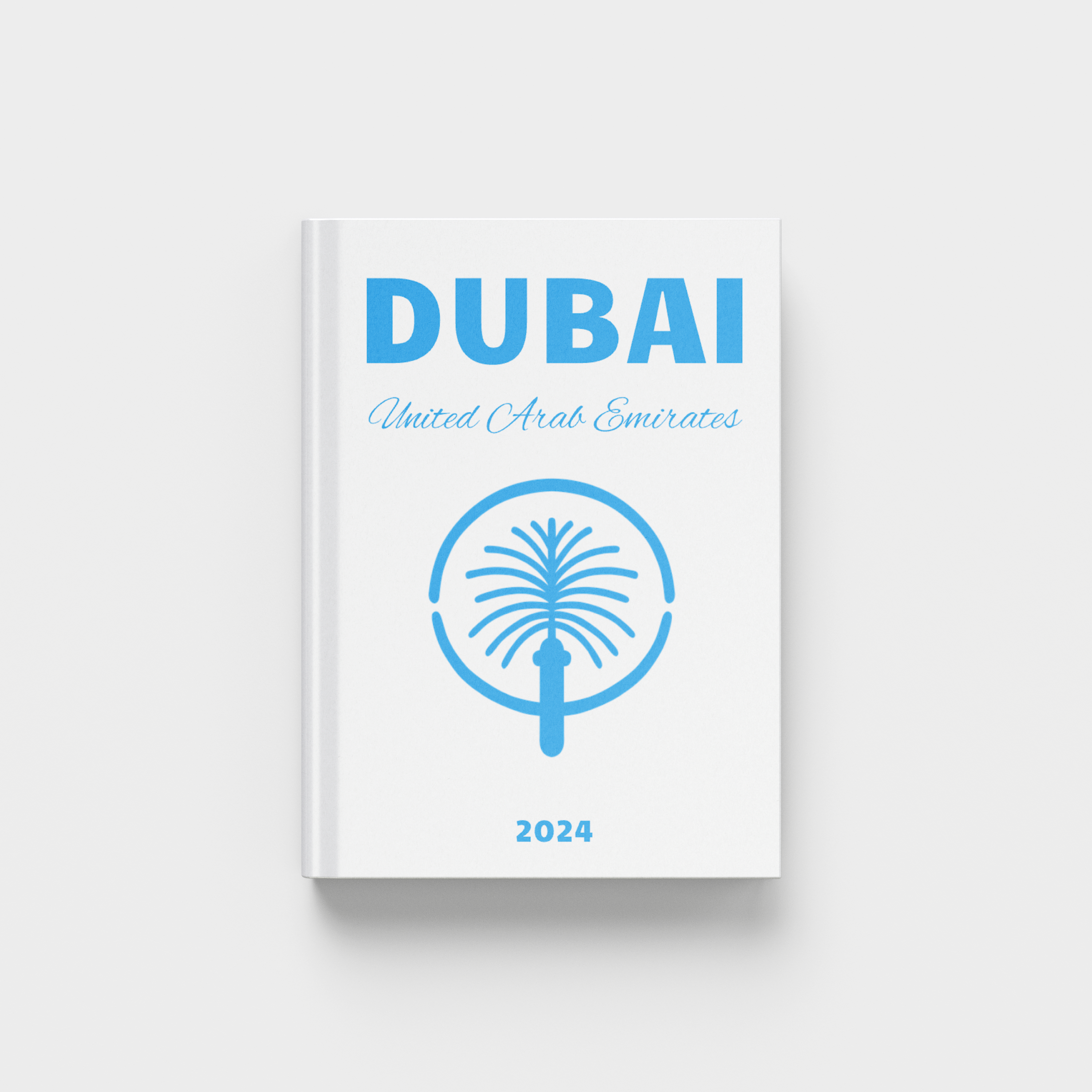 photobook with 'Dubai, United Arab Emirates' text in blue and palm tree design on a white background