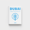 photobook with 'Dubai, United Arab Emirates' text in blue and palm tree design on a white background