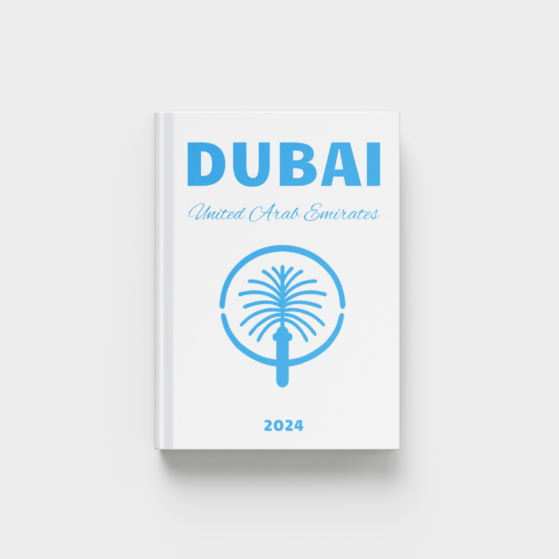 photobook with 'Dubai, United Arab Emirates' text in blue and palm tree design on a white background