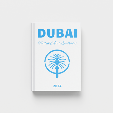 photobook with 'Dubai, United Arab Emirates' text in blue and palm tree design on a white background
