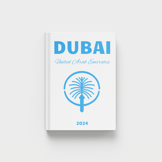 photobook with 'Dubai, United Arab Emirates' text in blue and palm tree design on a white background