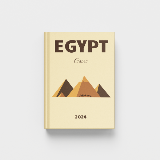 Beige photobook with 'Egypt Cairo 2024' text and pyramid design on a white background
