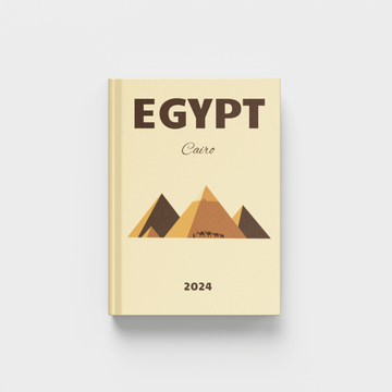 Beige photobook with 'Egypt Cairo 2024' text and pyramid design on a white background