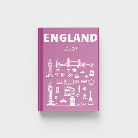 Pink book titled 'England 2025' with white illustrations on a light gray background