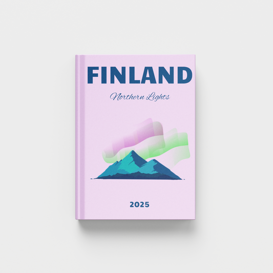 Finland photobook with Northern Lights design on a light purple book