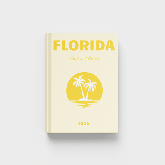 Florida travel photobook with palm tree design on a white and light yellow background