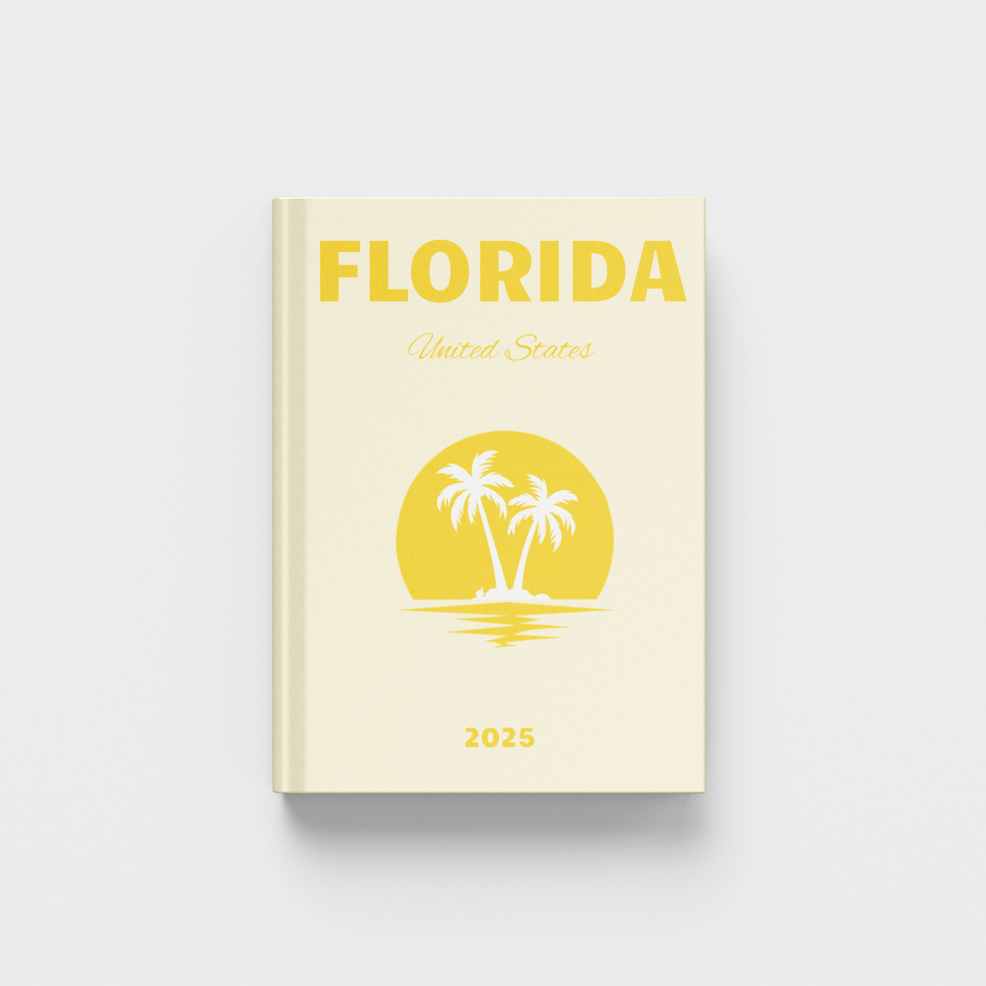 Florida travel photobook with palm tree design on a white and light yellow background