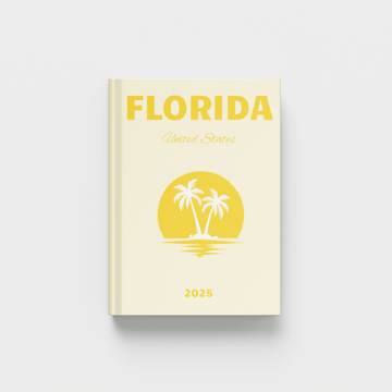 Florida travel photobook with palm tree design on a white and light yellow background