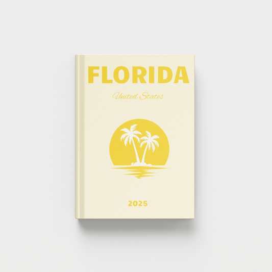 Florida travel photobook with palm tree design on a white and light yellow background