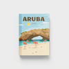 Photobook cover of Aruba with a beach and flamingo illustration on a white background