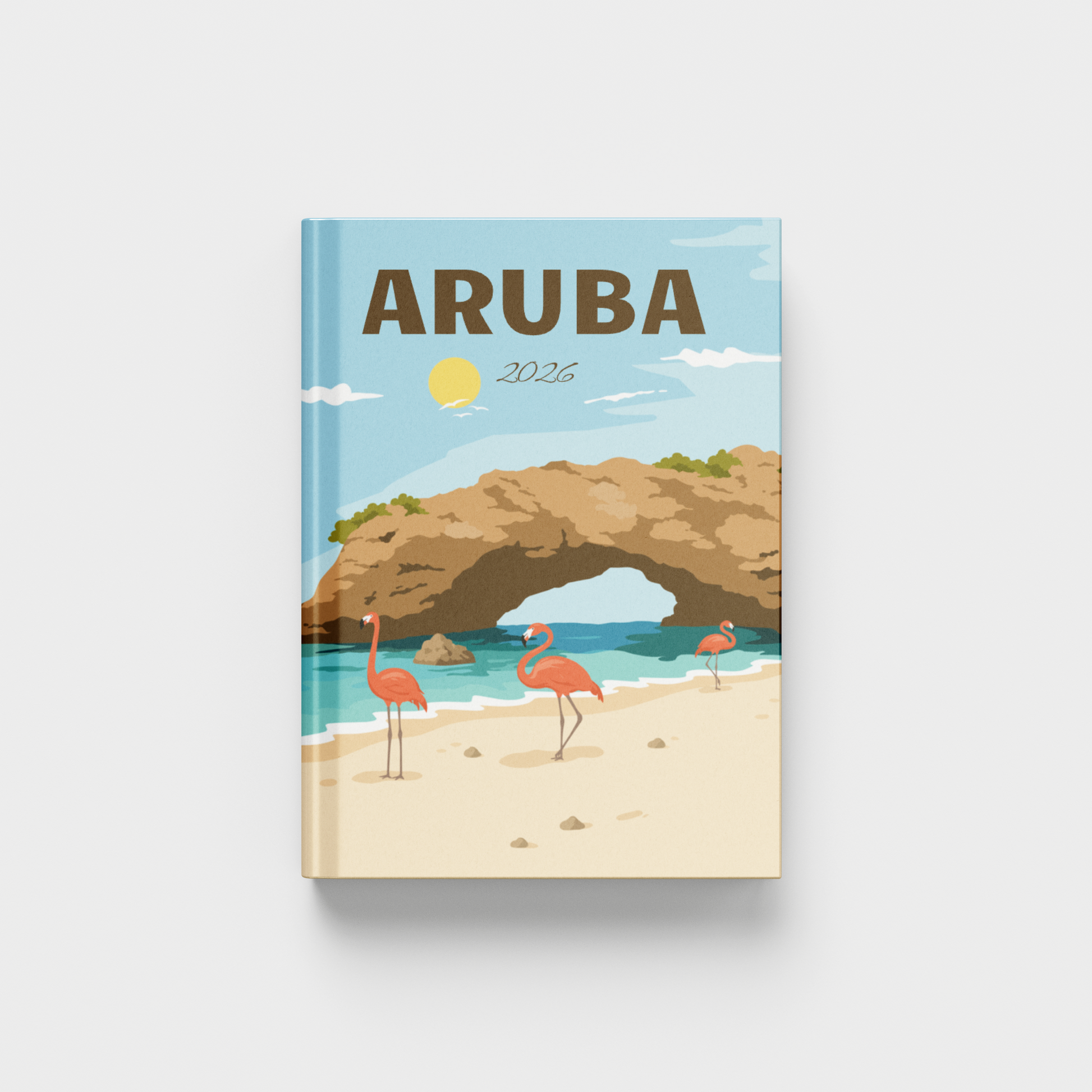 Photobook cover of Aruba with a beach and flamingo illustration on a white background