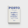 Photobook with 'Porto, Portugal' text and fish illustrations on a white background