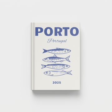 Photobook with 'Porto, Portugal' text and fish illustrations on a white background
