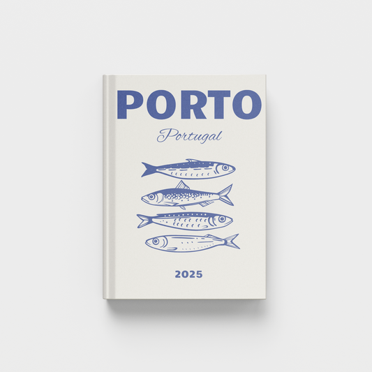 Photobook with 'Porto, Portugal' text and fish illustrations on a white background