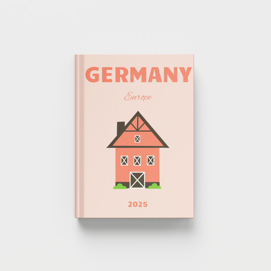 photobook for Germany with a house illustration on a light pink background
