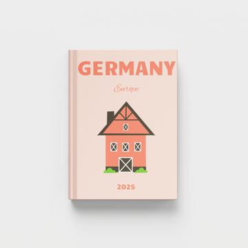 photobook for Germany with a house illustration on a light pink background
