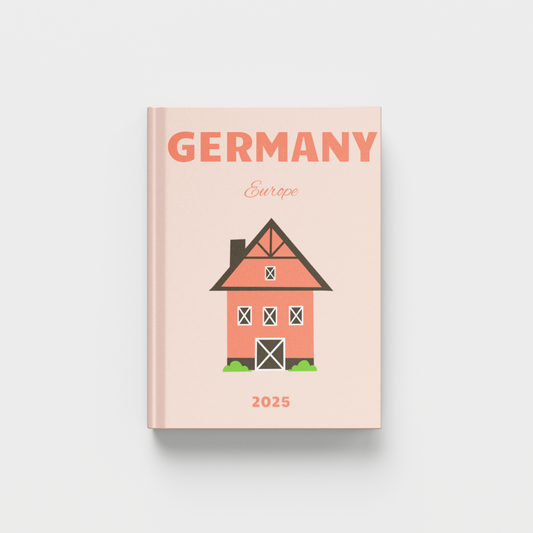 photobook for Germany with a house illustration on a light pink background