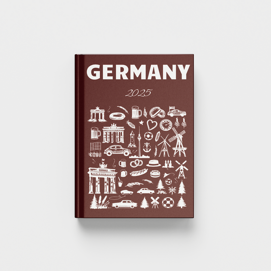 photobook titled 'Germany' with white illustrations on a brown background