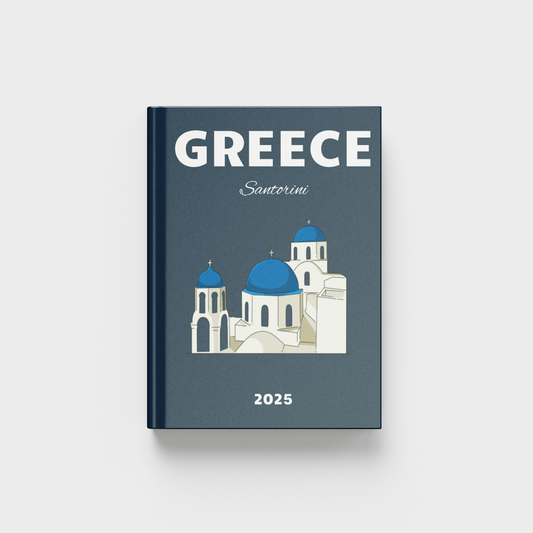 2025 Greece Santorini travel photobook on a white and dark blue background