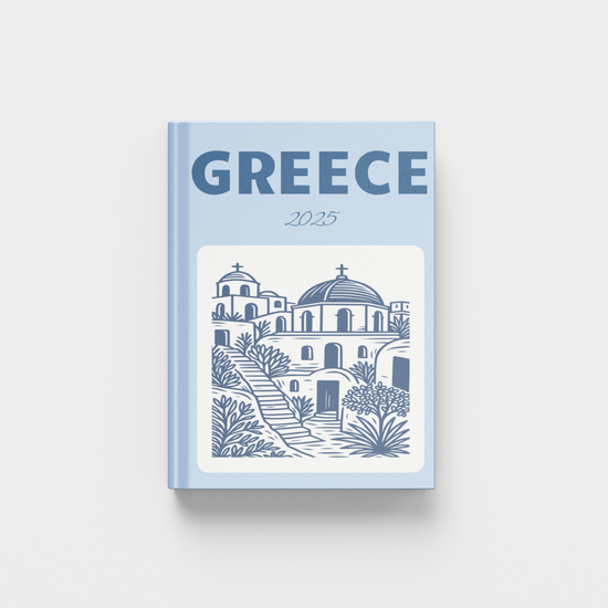 photobook with 'Greece' and '2025' text on a light blue background