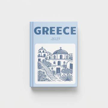 photobook with 'Greece' and '2025' text on a light blue background