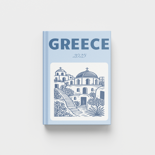 photobook with 'Greece' and '2025' text on a light blue background