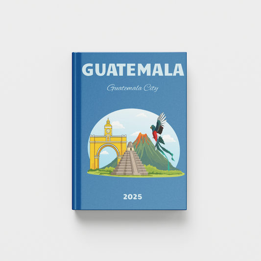 Guatemala travel photobook with illustrations of landmarks on a blue background