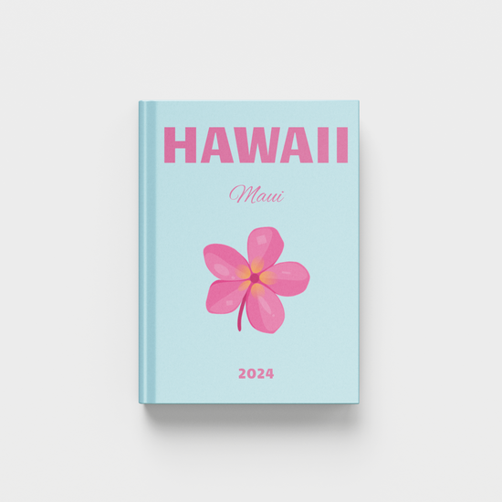 Hawaii photobook with a pink flower and text on a light blue background