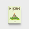 hiking photobook with mountain illustration on a white and light green background