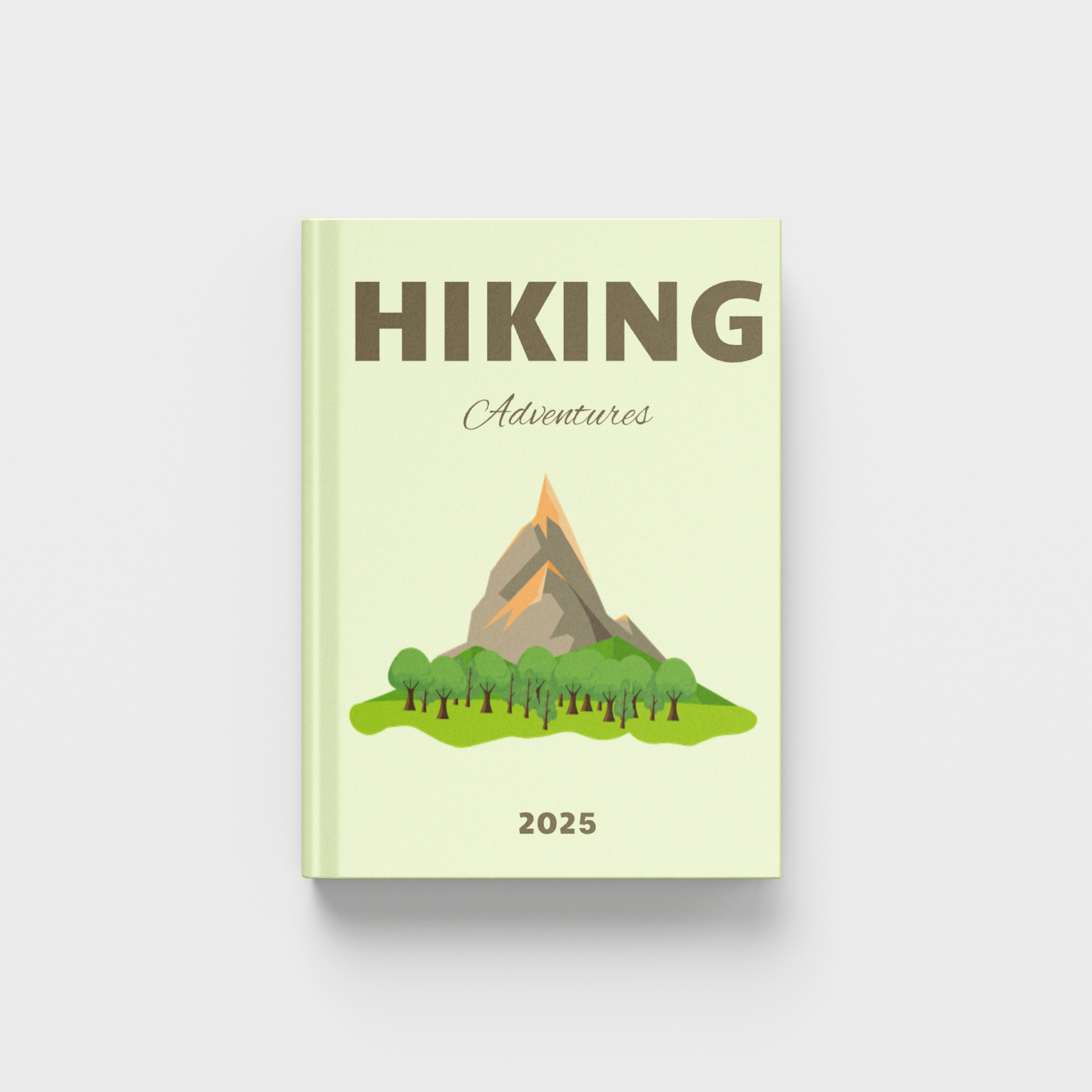 hiking photobook with mountain illustration on a white and light green background