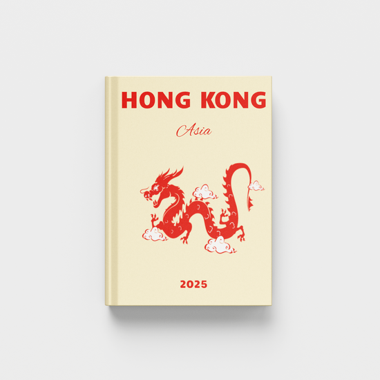 photobook with 'Hong Kong, Asia' and a red dragon illustration on a beige cover.